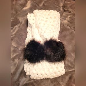 Soft white open stitch scarf w/black faux fur poms